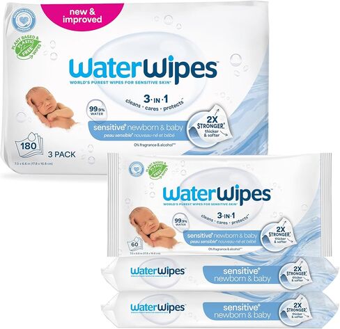 WaterWipes Sensitive+ Newborn & Baby Wipes, 3-In-1 Cleans, Cares, Protects, 99.9% Water, Unscented & Hypoallergenic, 720 Count (12 Packs) in Saudi Arabia