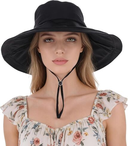 Women's UPF 50+ Waterproof Wide Brim Sun Bucket Hat with Ponytail Hole | Adjustable Fit & Shapable Brim, Packable & Lightweight for Beach Hiking Fishing Gardening in Kuwait
