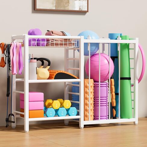 Sports Equipment Organizer, Toy Storage with Elastic Straps for Garage Organization, Rolling Ball Storage Rack for Sports Ball/Toy Storage Organizer, Garage Storage with Multi-Functional Hooks in Kuwait