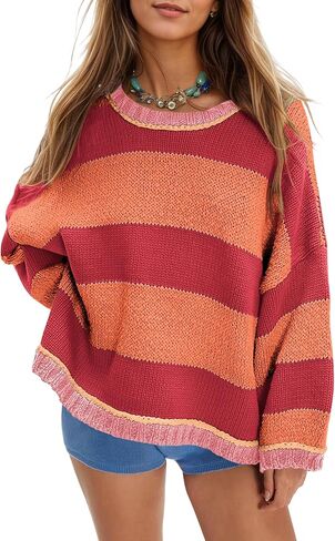 Women's Chunky Knit Striped Sweaters Casual Long Sleeve Crew Neck Oversized Pullover Sweater Winter Fall Spring Tops in Saudi Arabia