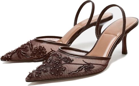 كعوب هريرة مطرزة للنساء مدببة أخمص القدمين شبكات زهرية زهرية الصنادل الكعب مع زلة لؤلؤة على صندل الزفاف عاريات الزفاف أحذية الزفاف in Kuwait