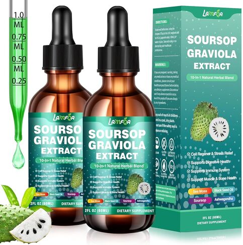 Soursop Bitters Liquid 10-in-1 مع أوراق Soursop ، طحالب البحر ، Moringa & Black Poste لدعم المناعة ، صحة الأمعاء ، تجديد الخلايا ومضادات الأكس in Kuwait
