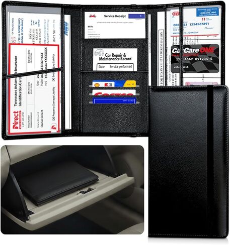 LINTRU Trifold Car Registration and Insurance Holder, Fits in Glovebox, Durable Design for Long-Term Use, Wipe-Clean PU Leather, Multi-Pocket Storage, Ideal Car Accessories for Men & Women, Gift-Ready in Kuwait