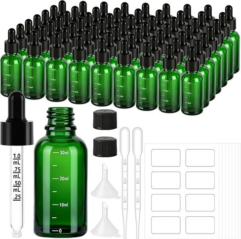 50 Pack 1oz Amber Glass Dropper Bottles Leakproof with Funnels, Eye Droppers, Extra Caps, Labels - Refillable UV 30ml Empty Bottles for Tinctures, Essential Oils, Perfume, Beard, Hair Oil in Saudi Arabia