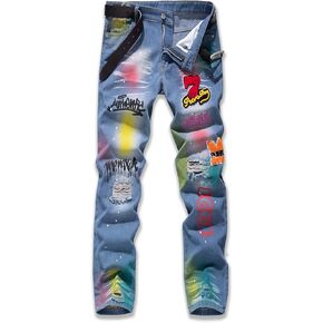 Men's Ripped Street Bike Jeans Denim Pants for Men Straight Slim Fashion Hole in Saudi Arabia