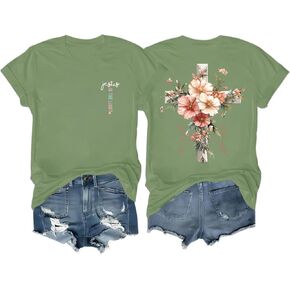 Faith Cross Christian T-Shirt with Boho Floral Cross Print Short Sleeve Casual Graphic Tee for Women in Saudi Arabia