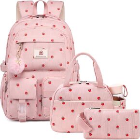 School Backpack with Lunchbox for Teens Girls Women 15.6 Inch Laptop College Backpacks with Lunch Bag Bookbag Set Corduroy Kids Elementary Middle High Bags Students Daypack - Beige Strawberry Set in Saudi Arabia
