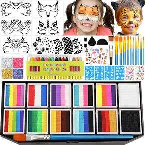Face Painting Kit Professional for Kids Adults,12 x 10g Split Cake Face Paint Palette Water Activated Face Paint with Stencil Brush Sponge, Rainbow Facepaint Makeup Kit for Halloween Party Body Paint in Kuwait