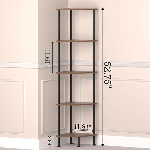 5-Tier Corner Shelf Stand, 52" Industrial Corner Display Rack for Living Room, Bookshelf, Tall Display Shelf, Plant Stand, Storage Standing Shelf for Bedroom, Bathroom, Kitchen, Brown in Saudi Arabia