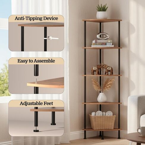 5-Tier Corner Shelf Stand, 52" Industrial Corner Display Rack for Living Room, Bookshelf, Tall Display Shelf, Plant Stand, Storage Standing Shelf for Bedroom, Bathroom, Kitchen, Brown in Saudi Arabia