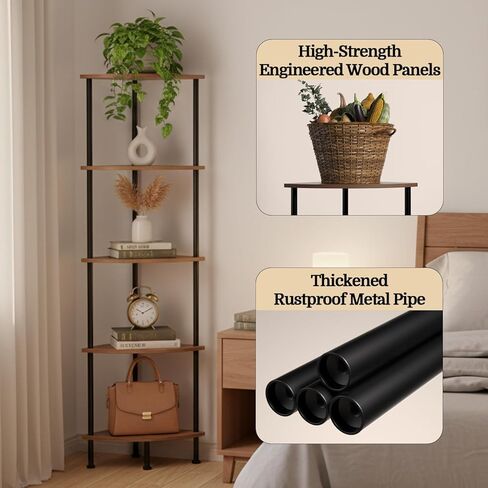 5-Tier Corner Shelf Stand, 52" Industrial Corner Display Rack for Living Room, Bookshelf, Tall Display Shelf, Plant Stand, Storage Standing Shelf for Bedroom, Bathroom, Kitchen, Brown in Saudi Arabia