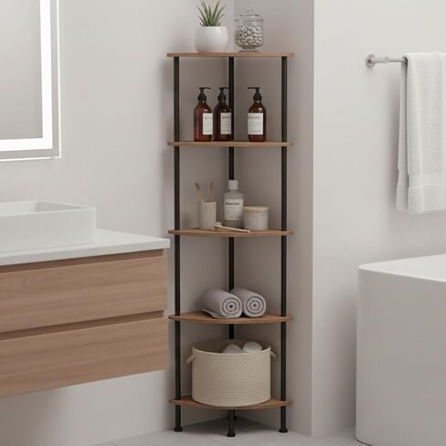 5-Tier Corner Shelf Stand, 52" Industrial Corner Display Rack for Living Room, Bookshelf, Tall Display Shelf, Plant Stand, Storage Standing Shelf for Bedroom, Bathroom, Kitchen, Brown in Saudi Arabia