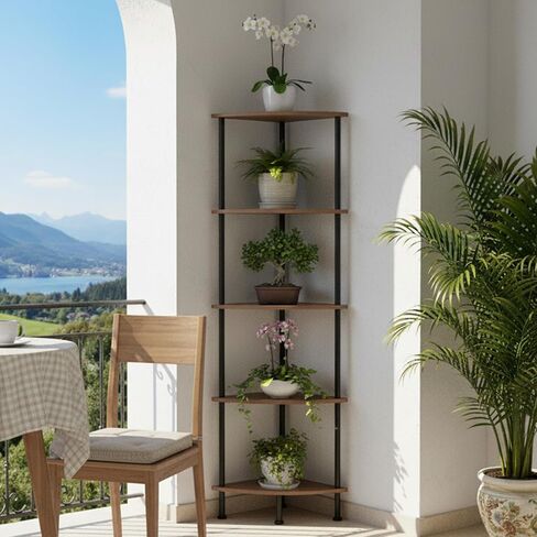 5-Tier Corner Shelf Stand, 52" Industrial Corner Display Rack for Living Room, Bookshelf, Tall Display Shelf, Plant Stand, Storage Standing Shelf for Bedroom, Bathroom, Kitchen, Brown in Saudi Arabia