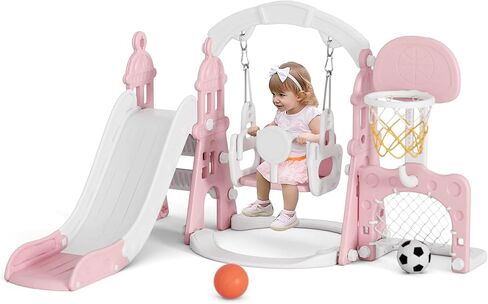 XJD 6-in-1 Toddler Slide and Swing Set, Kids Slide for Toddlers Age 1+, Toddler Outdoor Playset with Basketball Hoop, Football Frame, Swing, Outdoor Indoor Playground for Toddlers 1-3 (Pink) in Kuwait
