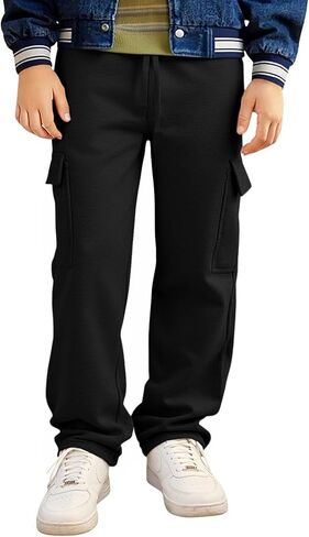 Haloumoning Boys Fleece Cargo Sweatpants Kids Athletic Wide Leg Joggers with Open Bottom and Drawstring & Pockets in Saudi Arabia
