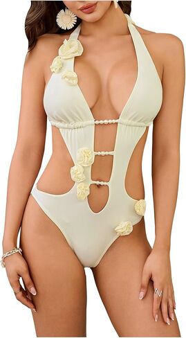 MakeMeChic Women's One Piece Swimsuit Cut Out Deep V Neck Halter Sexy Bathing Suit Swimwear in Saudi Arabia