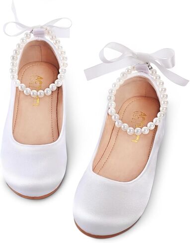 Toddler Girls Dress Shoes Flower Girls Mary Jane Ballet Flats Decorative Pearls Lace-Up Ankle Strap Wedding Communion Princess Shoes in Saudi Arabia