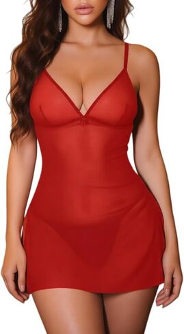 OYOANGLE Women's Sheer Lingerie Set V Neck Side Slit Chemise Nightgown and Thongs See Through Sleepwear in Kuwait