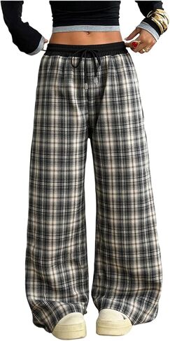 SOLY HUX Women's Plaid Checkered Pants Wide Leg Baggy Flannel Pajama Pants Cute Lounge Elastic Trousers with Pockets in Saudi Arabia