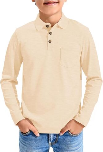 Haloumoning Boys Long Sleeve Polo Shirts Kids Casual Button School Uniform Shirts with Chest Pocket 5-14 Years in Saudi Arabia