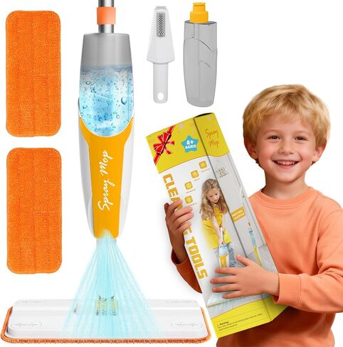 Kids Spray Mop - مجموعة تنظيف الأطفال الصغار تشمل الأطفال مع بخاخ مياه حقيقي ، وسادات الألياف الدقيقة والمكشطة - Play Play Montessori Houseberteing Toys Hights للأطفال الصغار in Saudi Arabia