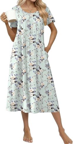 Ekouaer Cotton Nightgowns for Women Long House Dresses with Pockets Plus Size Night Gowns Short Sleeve Night Shirts S-3XL in Saudi Arabia