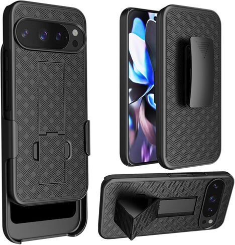 حافظة لهاتف Google Pixel 9، حامل بمشبك حزام دوار، غطاء حماية نحيف وقوي لكامل الجسم لإصدار Google Pixel 9 2024، أسود in Kuwait