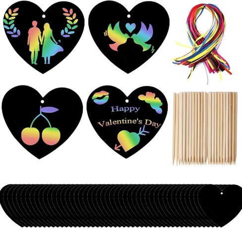 Naturahand 50 Rainbow Scratch Paper with 10 Wooden Scratch Sticks and 50 Red String, Heart Shaped Scratch Off Cards for Valentine DIY Decorations and Art Party Favors(H-1) in Saudi Arabia