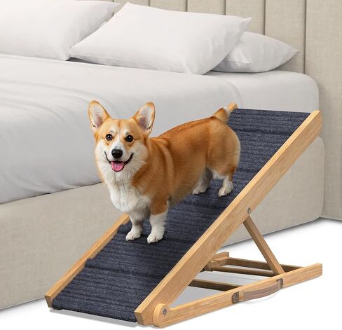 Dog Ramp – Adjustable Wooden Ramp for Dogs to Get on Bed, Sofa, and Couch – Walnut Wood Design for Small and Medium Breeds with Non-Slip Carpet Finish (Gray) in Kuwait