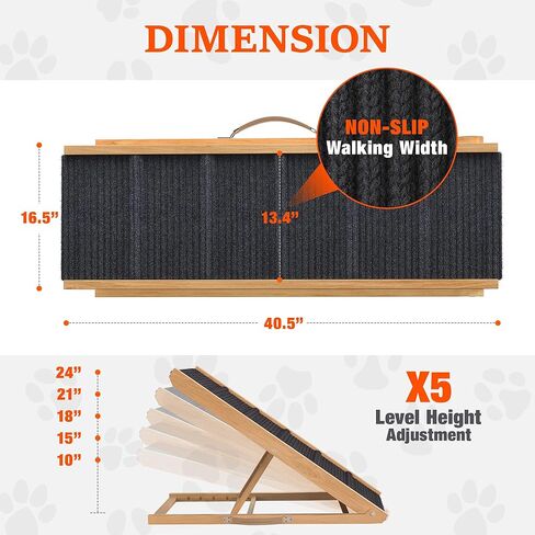 Dog Ramp – Adjustable Wooden Ramp for Dogs to Get on Bed, Sofa, and Couch – Walnut Wood Design for Small and Medium Breeds with Non-Slip Carpet Finish (Gray) in Kuwait