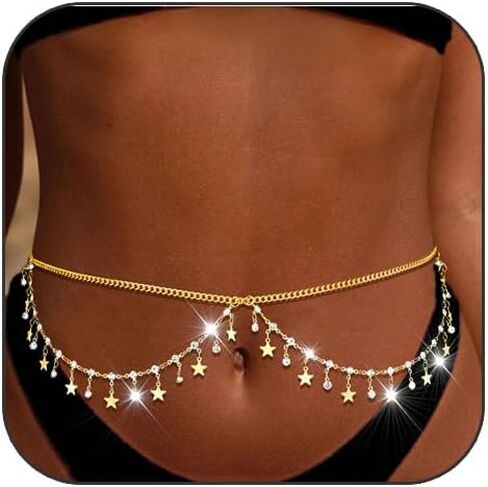Sliver Rhinestone Waist Crystal Waist Chain with Pendant Abdominal Chain Thin Minimalist Body Chain for Women Beach Rave in Saudi Arabia