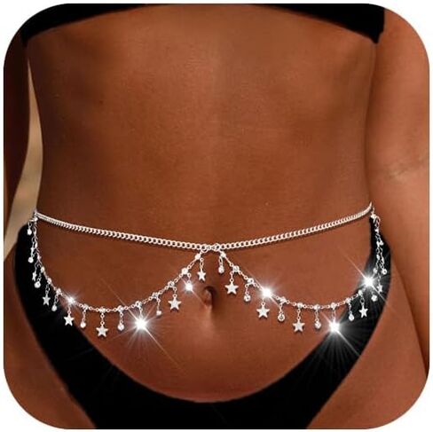 Sliver Rhinestone Waist Crystal Waist Chain with Pendant Abdominal Chain Thin Minimalist Body Chain for Women Beach Rave in Saudi Arabia