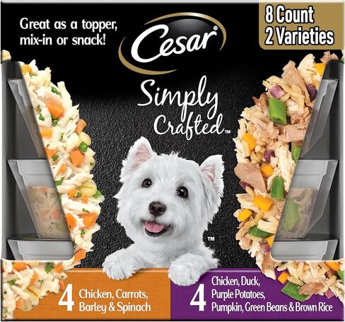Cesar Simply Crafted Adult Wet Dog Food Meal Topper, Chicken, Duck, Purple Potatoes, Pumpkin, Green Beans & Brown Rice and Chicken, Carrots, Barley & Spinach Multipack, 1.3oz (8 Count, Pack of 1) in Saudi Arabia