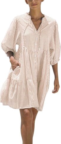 chouyatou Women's Summer V-Neck Casual Striped Midi Shirt Dress Tiered Boho Beach Tunic Babydoll Dress in Saudi Arabia