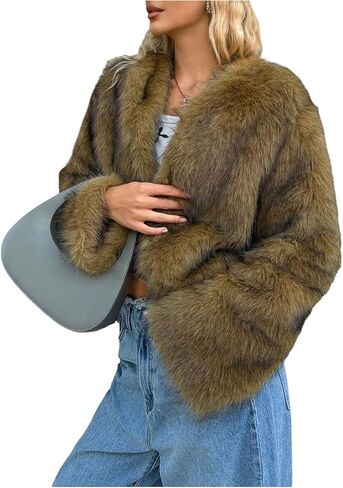 WDIRARA Women's Faux Fur Coat Open Front Long Sleeve Cropped Jacket Fuzzy Outerwear in Saudi Arabia