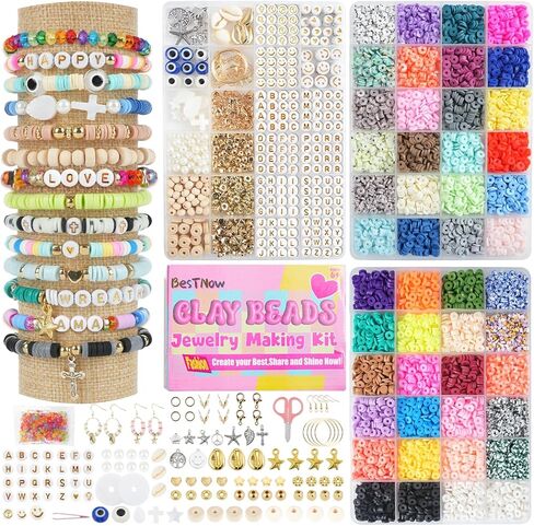 BestNow Clay Beads Bracelet Making Kit 168 Colors Flat Polymer Heishi Beads Set for Friendship Jewelry Making with Pendant Charms Crafts Gifts for Girls Ages 6 7 8 9 10 11 12 Kids Adults in Kuwait