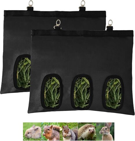 2Pcs Rabbit Hay Feeder Bag, Bunny Guinea Pig Hay Feeder Holder Bag for Rabbits, Hanging Hay Package with Back Hooks, Dispensers Small Animal Food Storage Supplies for Rabbits Bunny(Black, 3 Windows) in Saudi Arabia