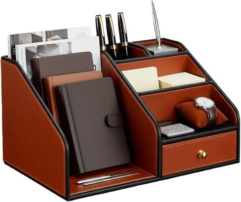 Kingfom Pu Leather Desk Organizer مع درج-صندوق تخزين لسطح المكتب متعدد المقاطع للوازم المكتبي ، البريد ، الأقلام ، الملحقات-Office Office Caddy Black & Brown (Black) in Kuwait