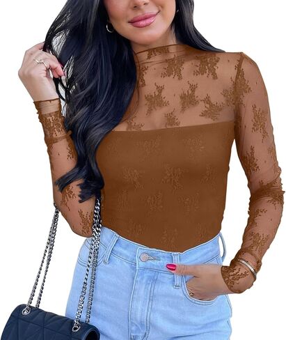Pinkmstyle Women's Lace Douck Neck Bodysuit Long Sister - Sexy Sexy Fall Flutes for Out ، Night Night ، Country Concert in Kuwait