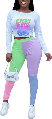 Remelon Womens 2 Piece Sweatsuits Color Block Long Sleeve Crop Top Leggings Workout Set Tracksuit Loungewear in Kuwait
