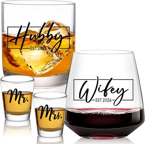 Wedding Gifts for Couples,Hubby & Wifey EST 2025 Wedding Glass Set,Bridal Shower Gifts for Bride and Groom, Newly-Married Anniversary for Him/Her，Mr and Mrs Gift in Saudi Arabia