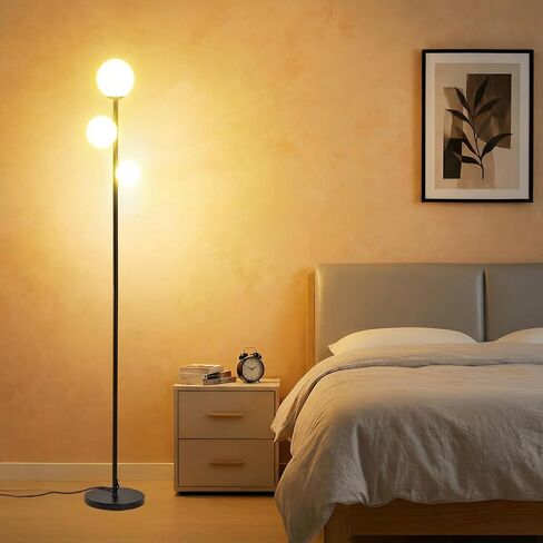 Fiqevs 3 Globe Mid Century Modern Floor Lamp لغرفة المعيشة ، مصباح قائم بالذهول مع ظل زجاجي متجمد ومصابيح LED دافئة 3 × 2700 ك in Kuwait