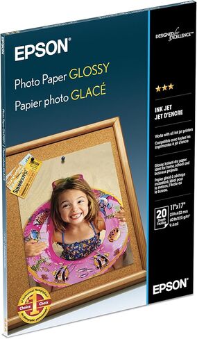 ورقة صور لامعة Epson S041156 ، 52 رطلاً. ، لامع ، 11 × 17 (حزمة من 20 ورقة) ، أبيض in Kuwait
