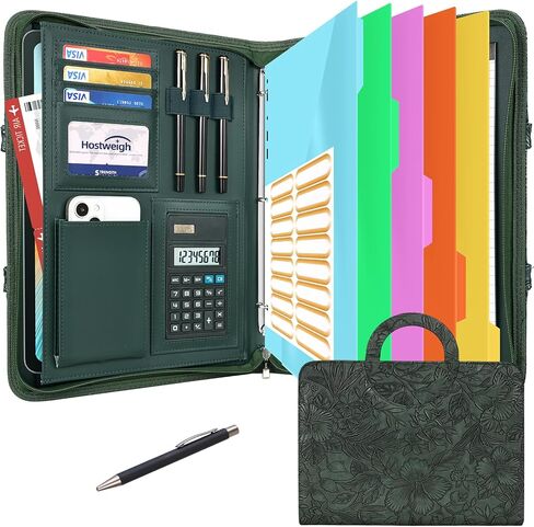 منظم المحفظة - 3 رنين الموثق مع مقبض ، مجلد Padfolio للأعمال الجلدية النباتية مع المفكرة ، ويشمل 5 فواصل مع 10 جيوب لملفات المستندات in Saudi Arabia