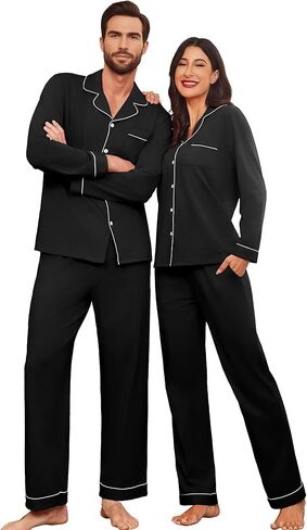 Ekouaer Couple Matching Pajamas 100% Cotton Long Sleeve Sleepwear Button Down Loungewear Pjs Set S-XXL in Saudi Arabia