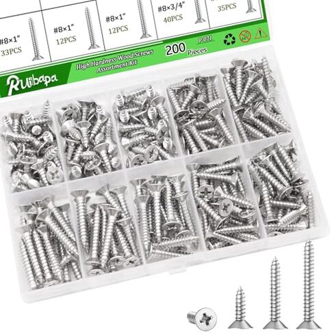 200PCS 304 Stainless Steel High Hardness Wood Screws Assortment Kit, 3 Sizes #8×1/2",#8×3/4",#8×1",Phillips Drive Flat Head, Wood Screws, Screws, Drywall Screws, Assorted Screws, Screws Set in Kuwait