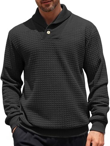 Men's Shawl Collar Sweaters Long Sleeve Button Turtleneck Sweater Textured Waffle Pullover in Saudi Arabia