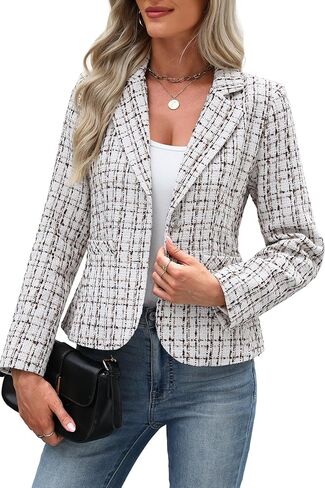 ELLEVEN Women's Tweed Blazer,2 Button Long Sleeve Jacket Slim Fit Business Suit with Pockets in Saudi Arabia