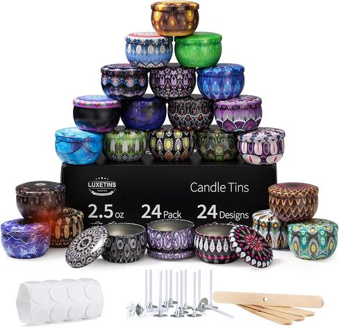 Luxetins 24 Pack Empty Candle Tins, 24 Designs Metal Tins,Candle Containers with Lids,Bulk Candle Jars,Wicks, Stickers, Wicks Holder for DIY Candle Crafting Small Businesses(2.5OZ×24PCS) in Kuwait