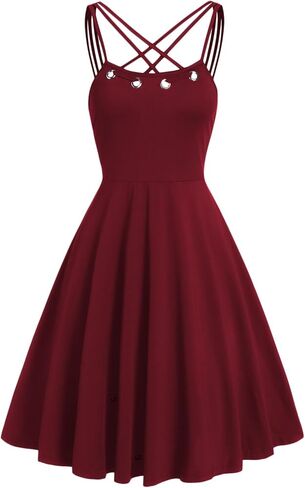 DRESSFO Women's Gothic Dress Punk Spaghetti Strap Dress Retro Empire Waist Dress Vintage Lace Up 1950s Dresses in Kuwait